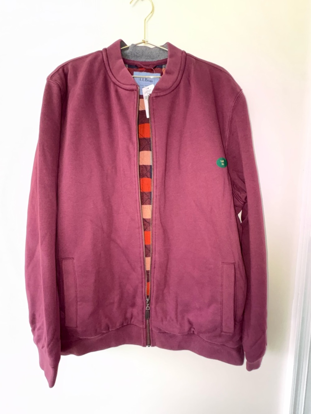L.L. Bean Flannel Lined Sweatshirt Jacket XL Tall Full Zip Wine